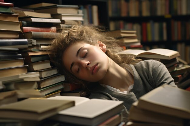 Foto der erschöpfte gelehrte eine junge frau in der öffentlichen bibliothek