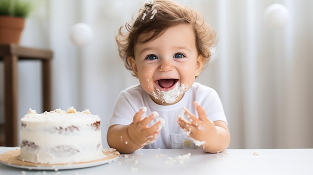 Der erste Geburtstagskuchen eines glücklichen Babys zertrümmert ein fröhliches Kleinkind mit einem unordentlichen Gesicht.