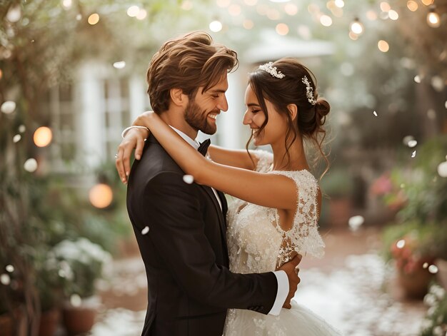 Foto der erste tanz der braut und des bräutigams und der garten am hochzeitstag