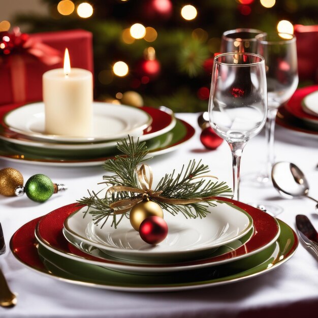 Der Esstisch ist für das Abendessen am Weihnachtstag geschmückt
