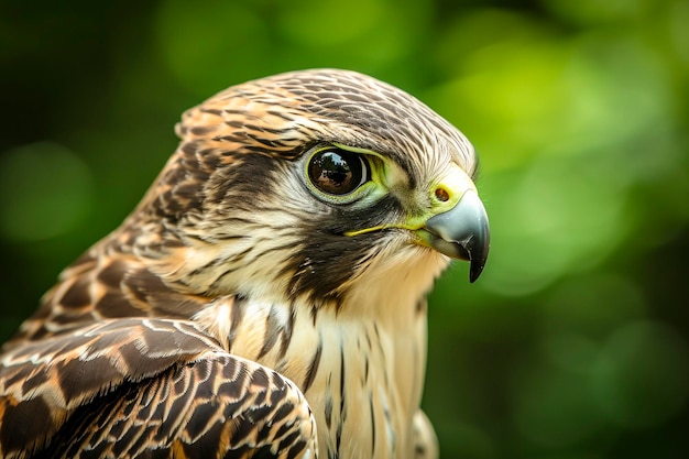 Der Falke hat braune Federn mit weißen Streifen, die ein kompliziertes Muster bilden