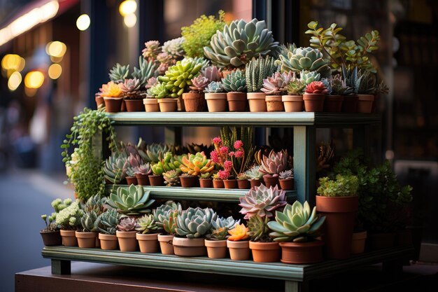 Der farbenfrohe Kiosk bietet florale und saftige Arrangements in lebendiger, marktgenerierender Atmosphäre