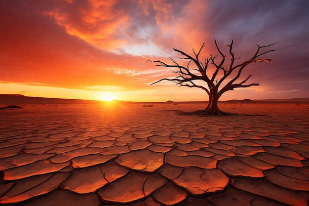 Der farbenfrohe Sonnenaufgang über dem zerrissenen Wüstenboden und dem trockenen Baum