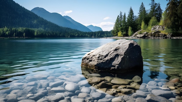 Der Felsen ist neben dem Wasser im Hintergrund