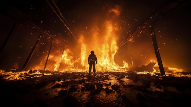 Der Feuerwehrmann steht am Ort des Brandes in einer Weitwinkelansicht