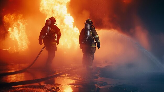 Der Feuerwehrmann verwendet Wasser und Feuerlöscher mit Feuerwehrmannschaft Feuerwehr Rettung KI generiert