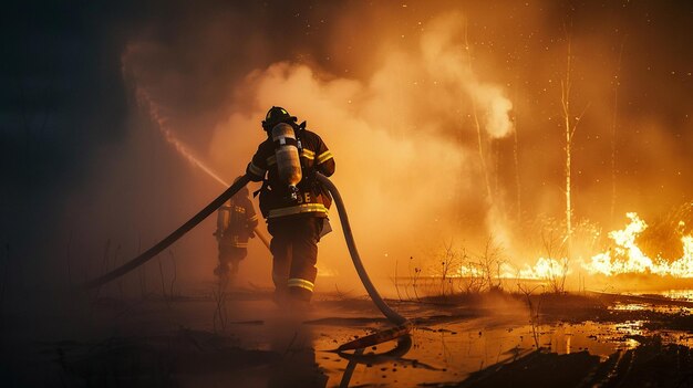 Der Feuerwehrmann verwendet Wasser und Feuerlöscher mit Feuerwehrmannschaft Feuerwehr Rettung KI generiert