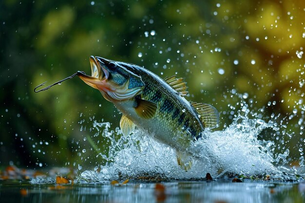 Der Fisch springt nach dem Köder, der Angelfleisch, dem Köderhaken