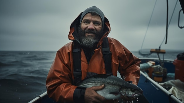 Der Fischer fängt Fische im Meer. Harte Arbeit, Fischernetz, Boot, Seefisch