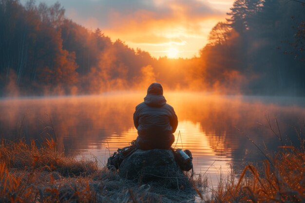 Foto der fischer fängt morgens fische.