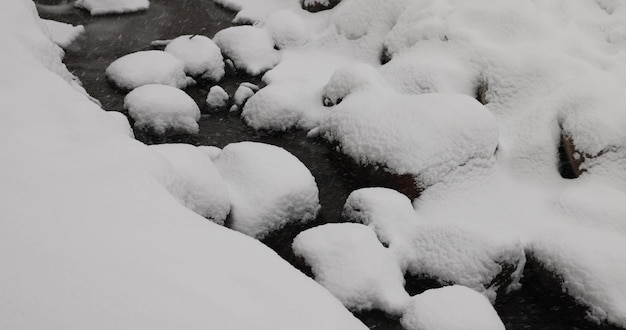 der Fluss bei Schneefall und Frost im Winter