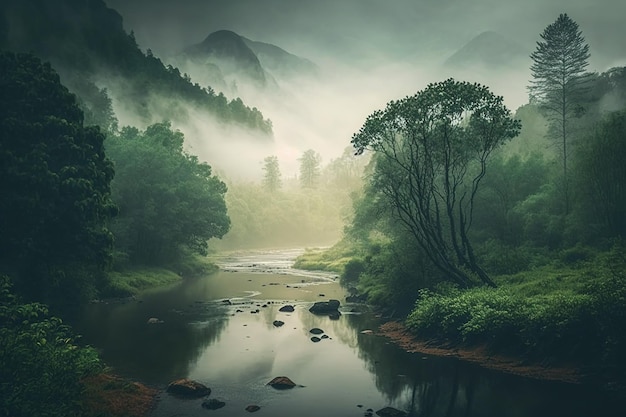 Der Fluss war von üppigen Bäumen gesäumt und dichter Nebel bedeckte das ganze Bild