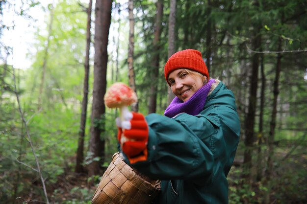 Der Förster sammelt Pilze im Wald Waldpilze sammeln Wanderung zum Waldpark mit Fliegenpilzen