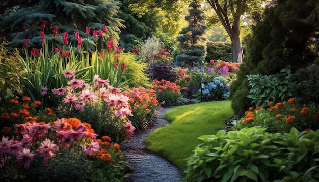 Foto der formelle garten zeigt die schönheit der blühenden naturblumen, die durch künstliche intelligenz erzeugt werden