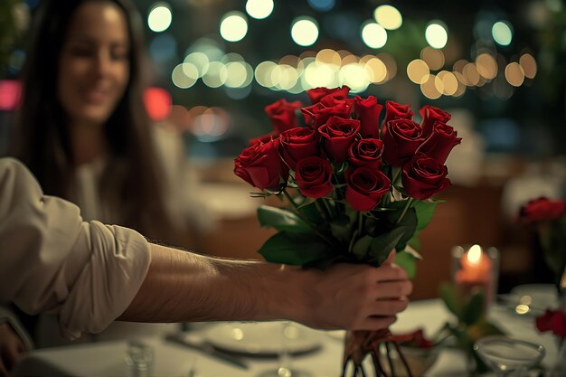 Der Freund hält einen Bündel rote Rosen