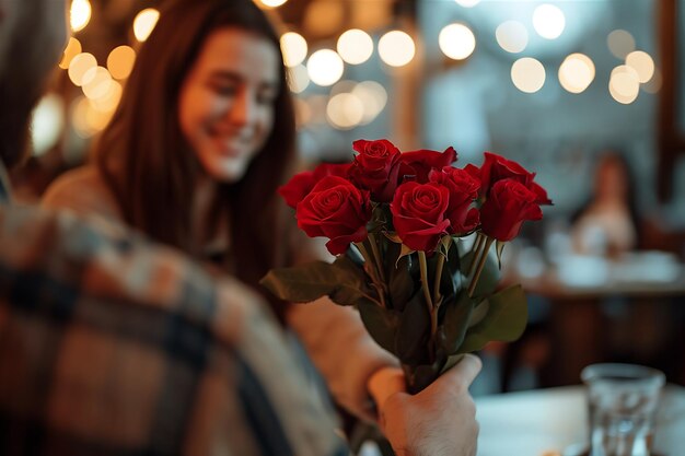 Der Freund hält einen Bündel rote Rosen
