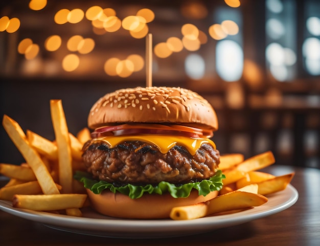 Der frische und köstliche Käsehamburger mit Pommes auf dunkelschwarzem Hintergrund