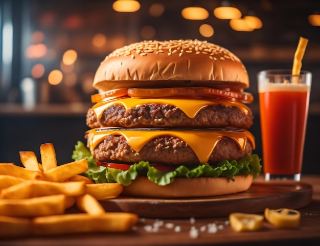 Der frische und köstliche Käsehamburger mit Pommes auf dunkelschwarzem Hintergrund