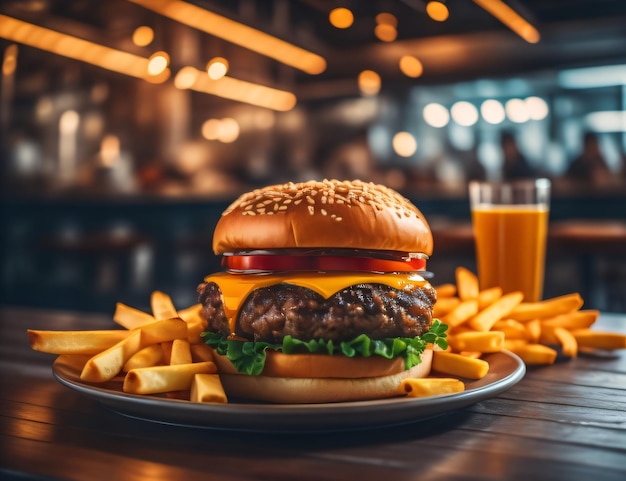 Der frische und köstliche Käsehamburger mit Pommes auf dunkelschwarzem Hintergrund