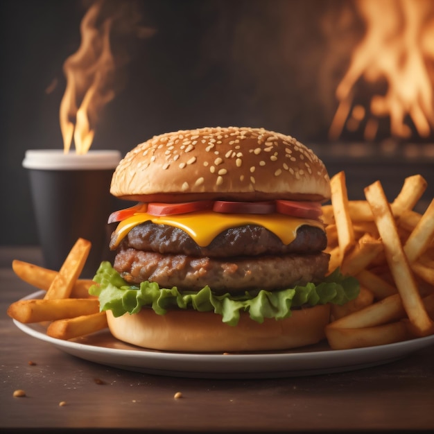 Der frische und köstliche Käsehamburger mit Pommes auf dunkelschwarzem Hintergrund