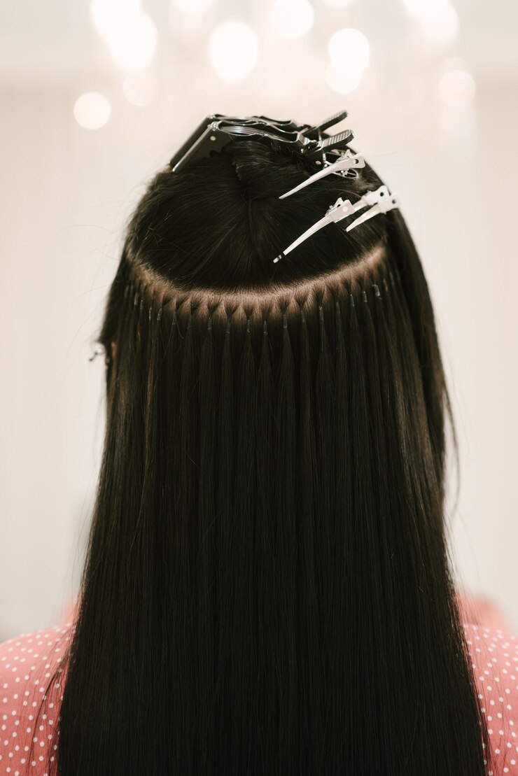 Der Friseur macht Haarverlängerungen für ein junges Mädchen in einem Schönheitssalon