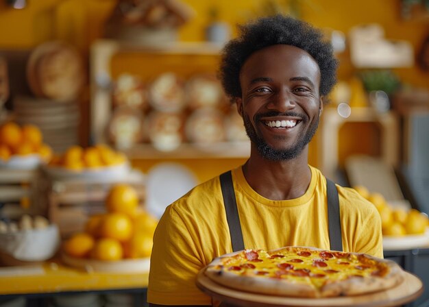 Der fröhliche amerikanische Mann hält eine köstliche Pizza in den Händen und lächelt, während er in der Küche steht