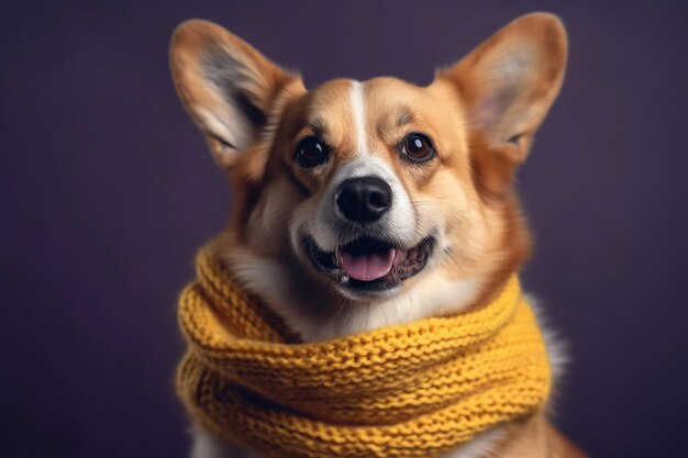 Der fröhliche Corgi in einem gelben Strickschal strahlt Glück aus