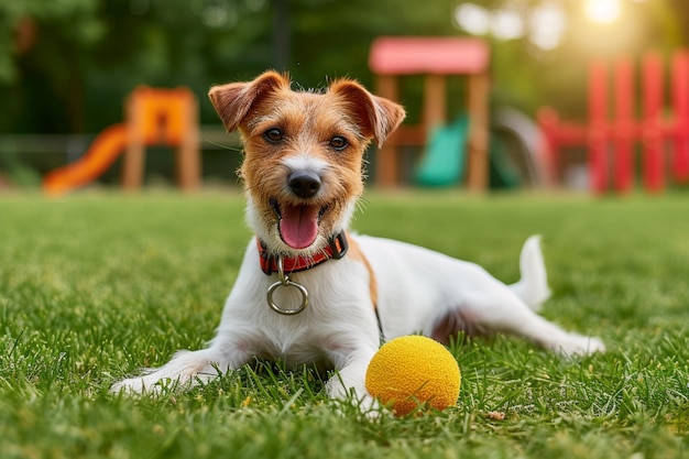 Der fröhliche Hund genießt das grüne Gras und spielt mit einem Spielzeugball
