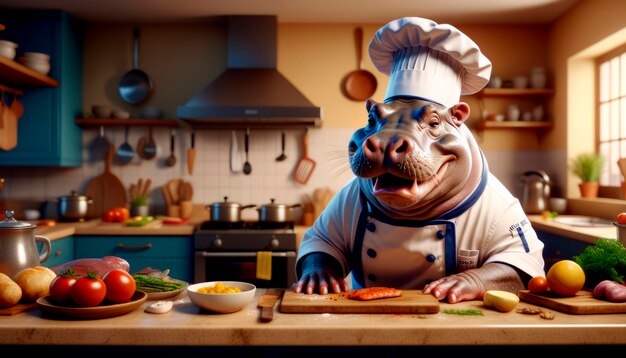 Der fröhliche Koch Hippopotamus bereitet sich in der Küche vor