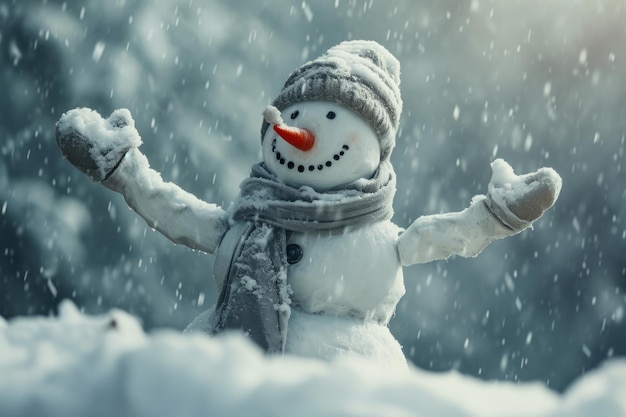 Der fröhliche Schneemann genießt den Schneefall