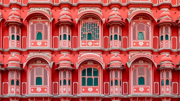 Der fünfstöckige architektonische Cluster kombiniert rot-weiße Fenster mit verzierten Mustern