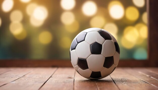 Der Fußball wird auf einen Holzboden gelegt und hat einen verschwommenen Hintergrund mit einem wunderschönen Bokeh