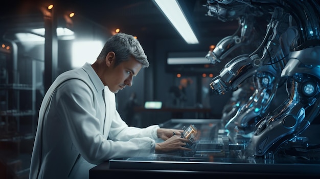 Der futuristische Cyborg-Ingenieur steuert Robotermaschinen