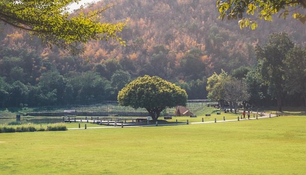 Der Garten ist wunderschön an einem sonnigen Morgen mit farbenfrohen Bergen hinter einem Teich in Kanchanaburi