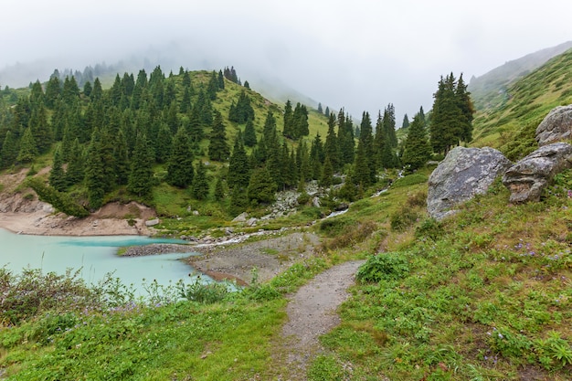 Der Gebirgsbach mündet in den großen Almaty-See. großes Reservoir mit frischem Trinkwasser