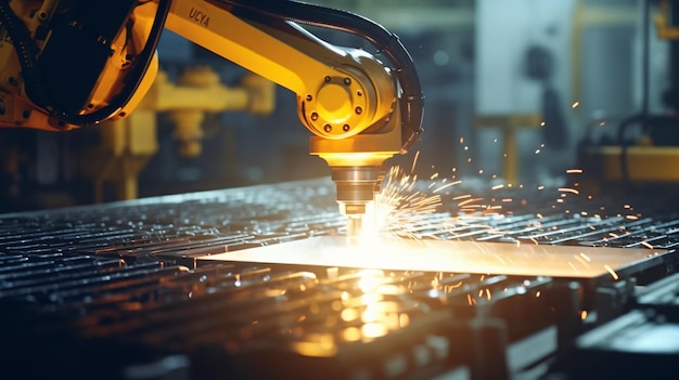 Der gelbe Roboter arbeitet an einem Stück Metall in der Maschine