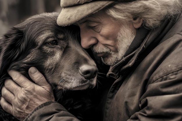 Foto der gemeinsame moment zwischen einem mann und seinem hund, deren nasen sich gegenseitig berühren. generative ki