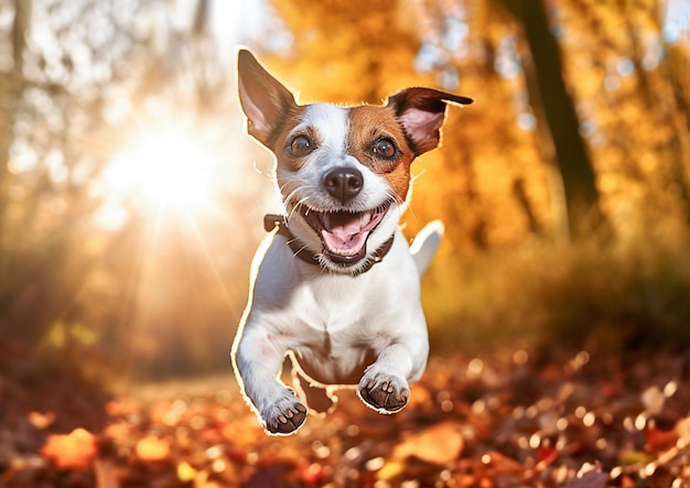 Der generative KI-Hund Jack Russell Terrier läuft im Herbstlaub