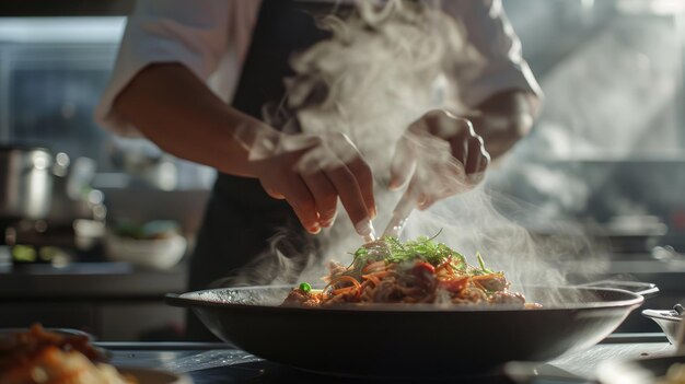 Der generative KI-Koch kocht mit einer dampfend heißen Pfanne in der Restaurantküche