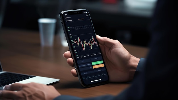 Der Geschäftsmann verwendet ein Smartphone mit einer Datenanalyse-App mit Bildschirmvorlagen, um Diagramme und Grafiken effektiv zu analysieren.