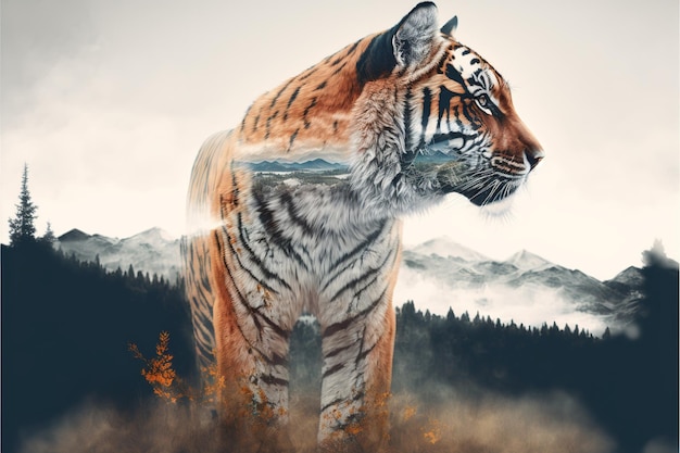 Der gestreifte bengalische Tiger in Doppelbelichtung verschmilzt seinen Kopf mit einem hervorragenden Hintergrund