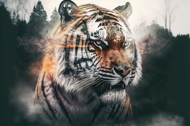 Der gestreifte bengalische Tiger in Doppelbelichtung verschmilzt seinen Kopf mit einem hervorragenden Hintergrund