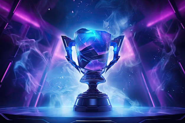 Der Gewinner des E-Sport-Events hält eine Trophäe in der Hand, die von einem Raucheffekt begleitet wird. Der Hintergrund wird mit leuchtenden blauen und violetten Lichtern beleuchtet.