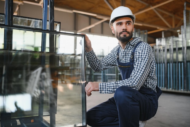 Der Glaser nimmt ein Stück Spiegel vom Tisch Glasfabrik Manufaktur