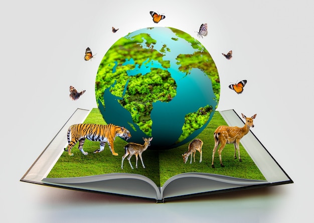 Der Globus steht auf dem Buch und neben der Welt gibt es wilde Tiere wie Tiger, Rehe und Schmetterlinge.