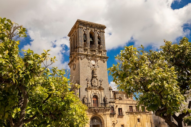 Der Glockenturm der Basilika Santa Maria vor dem Hintergrund blühender Orangenbäume und th