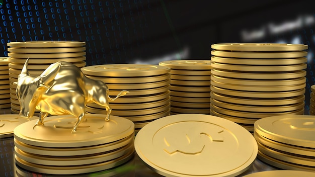 Der Goldbulle und die Münzen für das 3D-Rendering des Geschäftskonzepts