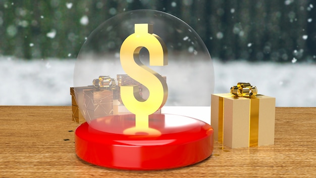 Der Golddollar in Weihnachtskristallkugel und Geschenkbox für Geschäfts- oder Urlaubskonzept 3D-Rendering