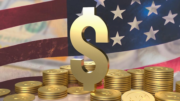 Der Golddollar und die Goldmünzen Amerika Flagge Hintergrund für Business Concept 3D-Rendering