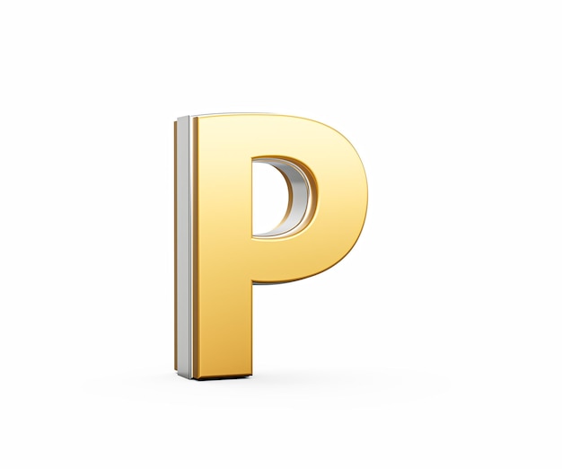 Der goldene Großbuchstabe P glänzt mit einem eleganten, modernen Design, fettfarbener Schriftart mit scharfen Kanten und 3D-Illustration
